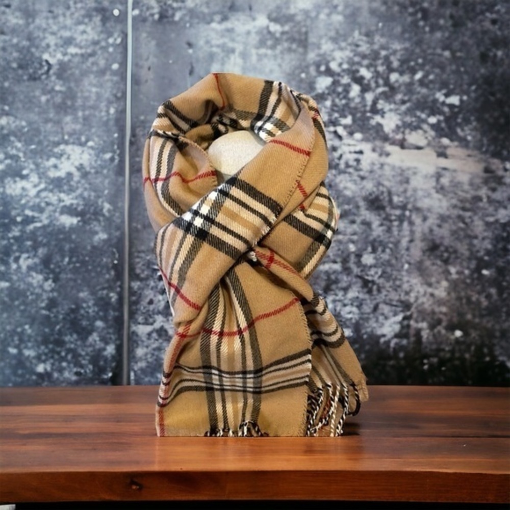 Classic Women or Men Large Plaid Darker Tan,‎ Blue, Red & White Scarf